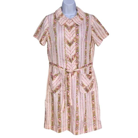 Vintage 60s Cedar Glen Dress House Coat Womens Size M Pink Floral Belted Zip - Picture 1 of 8